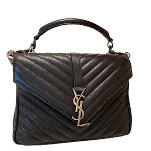 YSL Saint Laurent College Medium Chain Bag in Quilted Leather Silver Hardware